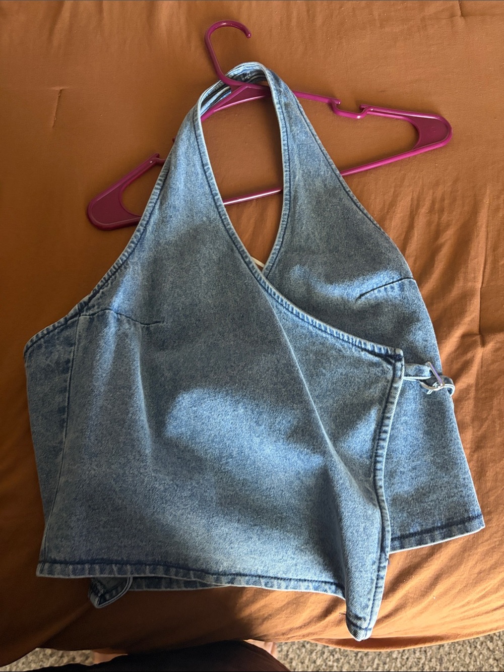 Double Zero Light Blue Denim Wrap Halter Crop Top